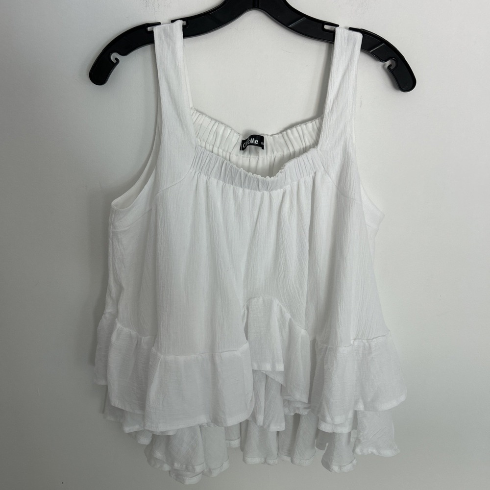 Chic Me Large White sleeveless Tank textured Tear Ruffle‎ White Square Neck Line